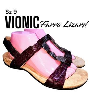 VIONIC FARRA LIZARD Sz 9 Burgundy Adjustable T Strap Comfort Orthotic Sandals